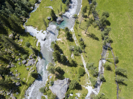 Mello Valley aerial view, Val di Mello, a valley surrounded by granite mountains and forest trees, renamed the little Italian Yosemite Valley. Italyの写真素材