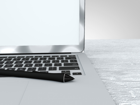 Digital pen and laptop, work, graphics, idea. Wooden desk. Computerの写真素材