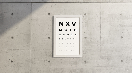 Measurement table of sight. Framework hanging on a concrete wall. View examination. Letters in block letters. Eye test. Visual Acuityの写真素材