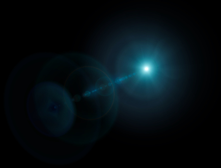 Light, bright sunbeam in space. Star glow. Blue light in a dark backgroundの写真素材