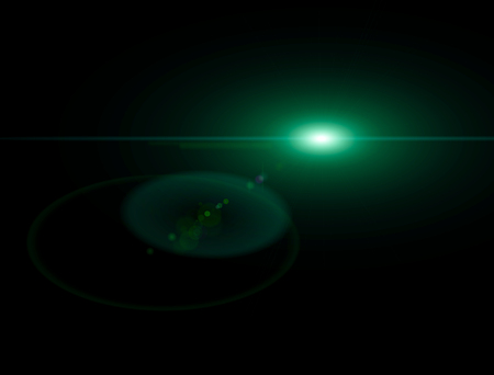 Light, bright sunbeam in space. Star glow. Green light in a dark backgroundの写真素材