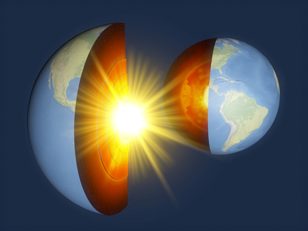 Earth structure, earth section, division into layers, the earth's crust and core. 3d rendering.の写真素材