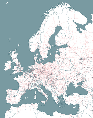 Railway and political map of Europe and North Africa. European cities. Political map with the border of the states. Urban areas. Railway line.の写真素材