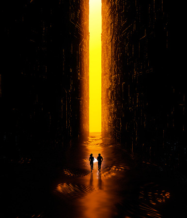 Fantasy landscape, fissures, darkness, light, sun, people running with a hand in a science fiction landscape, big bright portal. 3d renderingの写真素材