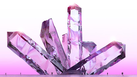 Fantasy landscape, crystals, amethyst, quartz, light, sun, people in backlight in a science fiction landscape, big crystals, 3d render.の写真素材