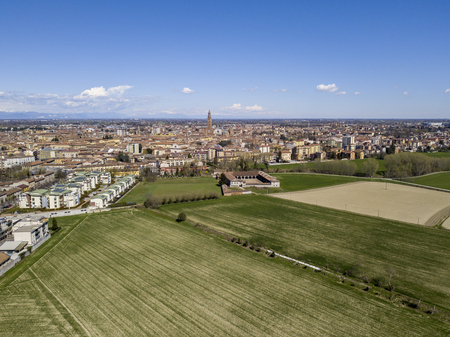 Aerial view of the city of Cremona, Lombardy, Italy. Cathedral and Torrazzo of Cremona, the tallest bell tower in Italy 112 meters highの写真素材