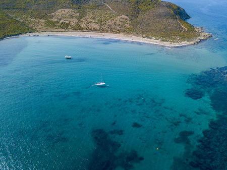 Aerial view of the islands, Cap Corse peninsula, Macinaggio, Corsica, France. Path of customs officers, vegetation and Mediterranean scrubs. Sentier du Douanier. Capo Corsoの写真素材