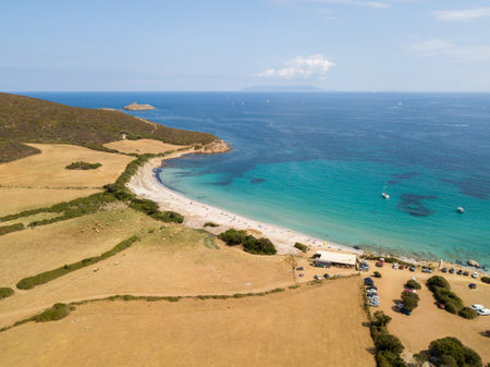 Aerial view of Tamarone beach, Plage de Tamarone, Cap Corse peninsula, Macinaggio, Corsica, Franceのeditorial素材