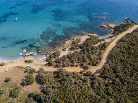 Aerial view of the Mediterranean, Corsica, France. Sea and vegetation seen from above, rocks and rocks. Sentier du Douanier. Capo Corsoの写真素材