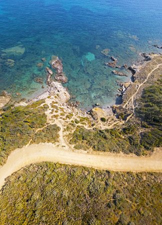 Aerial view of the Mediterranean, Corsica, France. Sea and vegetation seen from above, rocks and rocks. Sentier du Douanier. Capo Corsoの写真素材