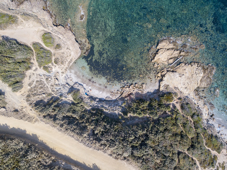 Aerial view of the Mediterranean, Corsica, France. Sea and vegetation seen from above, rocks and rocks. Sentier du Douanier. Capo Corsoの写真素材