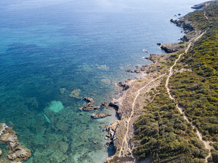 Aerial view of the Mediterranean, Corsica, France. Sea and vegetation seen from above, rocks and rocks. Sentier du Douanier. Capo Corsoの写真素材