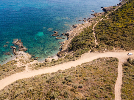 Aerial view of the Mediterranean, Corsica, France. Sea and vegetation seen from above, rocks and rocks. Sentier du Douanier. Capo Corsoの写真素材