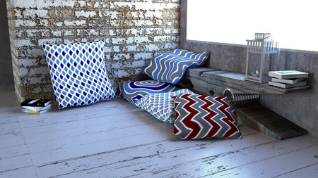 Detail of a loft, furniture design, lamp, clothespin bench, cushions and a wooden floor. 3d...