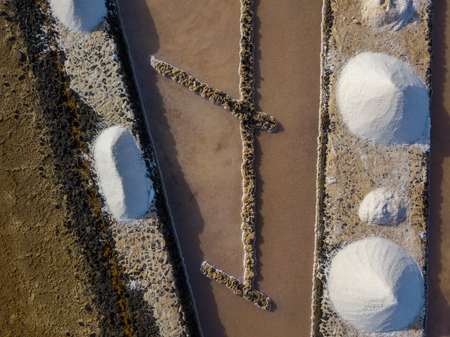 Aerial view of the salt flats of Janubio, Lanzarote, Canary Islands, Spain. Heaps of salt, salt...