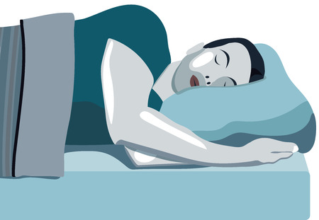 Sleeping man. Bed with mattress. Sleep well. Rest. It's a good day for your health. The importance of sleepのイラスト素材