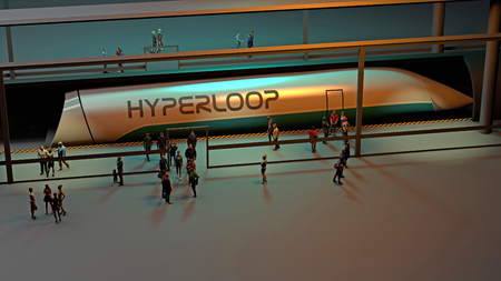Train station and Hyperloop. Passengers waiting for the train. Futuristic technology for...