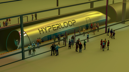 Train station and Hyperloop. Passengers waiting for the train. Futuristic technology for...