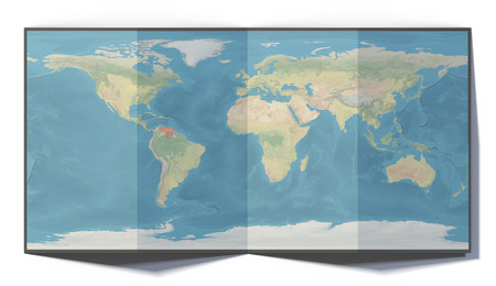 World map, Venezuela, drawn on a folded sheet, planisphere leaning on a surface, 3d rendering....
