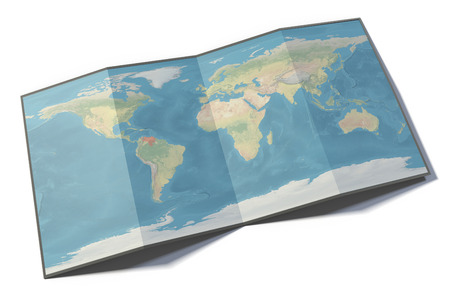 World map, Venezuela, drawn on a folded sheet, planisphere leaning on a surface, 3d rendering....
