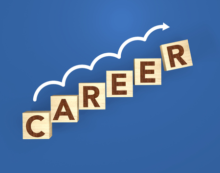 Wooden cube on blue background with text. Business career planning growth to success concept. Arrow rising upwards. 3d renderingの写真素材