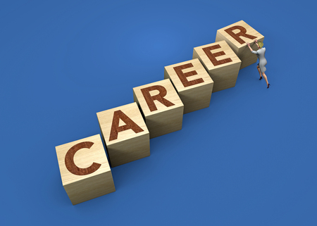 Wooden cube on blue background with text. Business career planning growth to success concept. Secretary, employee, manager, pushing a wooden cube. 3d renderingの写真素材