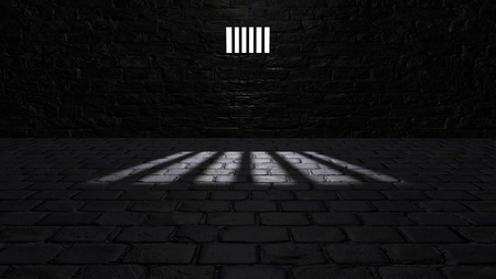 Prison cell, inside a prison cell Shadows projected on the ground, cell window. Detained in front of a window.の写真素材