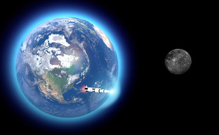 Launch of the Saturn V rocket towards the moon, the fiftieth anniversary of the moon landing. Apollo mission 11. Earth and moon in space. 3d render. Element of this image is furnished by NASAの写真素材