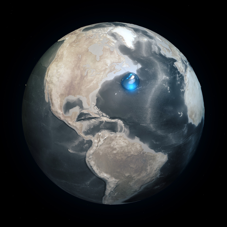 Map of the world without water. All the water on Earth in one place. Water sphere. Climate change, global warming. Physical world. 3d render.の写真素材