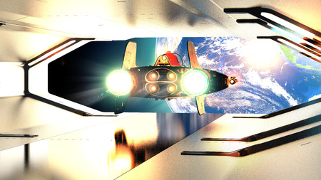 Hatch of a spaceship. Galactic spacecraft departing from a spaceship. Planet earth and conquest of...