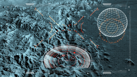 Satellite view of land, war operations, sci-fi, night vision with blue hues. Military target. Drone flying over an area. Military operation. Undercover operation. Mountain reliefs and plains. Hud, head-up displayの写真素材