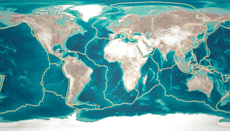 Tectonic plates constantly moving, making new areas of ocean floor, building mountains, causing earthquakes, and creating volcanoes. 3d render. mapの写真素材