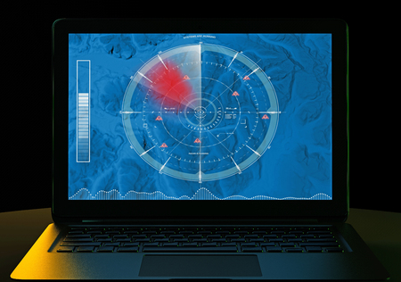 Radar, satellite view of land and sensitive military targets. Computer and map with reliefs, air terminal control. 3d render. Night view. HUDの写真素材