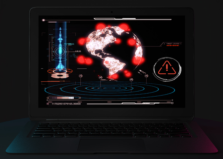 Nuclear attack, missile attack, sabotage, atomic weapons. Explosion of nuclear charges. Armed group. Computer hackers. International piracy. Computer and map of the world with missile explosions. HUD. 3d renderの写真素材