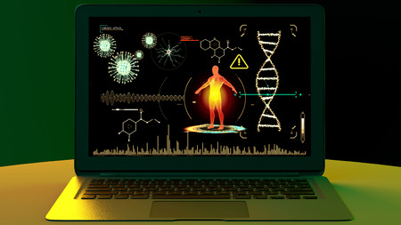 Human body attacked by viruses, scientific research. Genetic experimentation. Data reprocessing. Study program to eradicate the virus, experiment in the laboratory. Laptop computer. 3d renderの写真素材