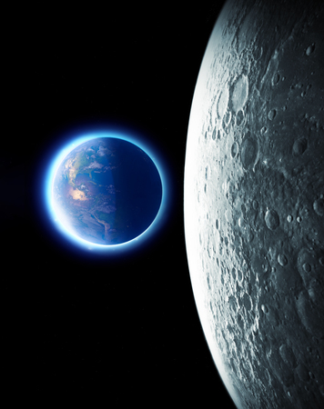 Moon and earth seen from space. Lunar surface and earth in the background. The earth seen from the moon. 50th anniversary of the lunar landing. 3d renderの写真素材