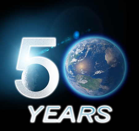 Moon and earth seen from space. Lunar surface and earth. 50th anniversary of the lunar landing. 3d renderの写真素材