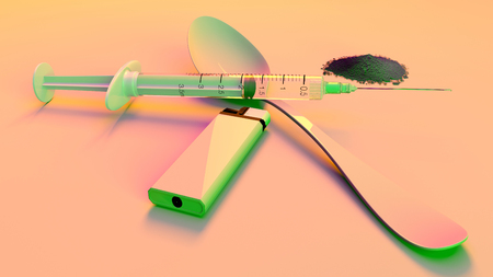 Heroin, cocaine, tools to get a dose of drugs. Syringe, lighter and spoon. Addiction and dependence. Overdose. Methamphetamine. 3d renderの写真素材