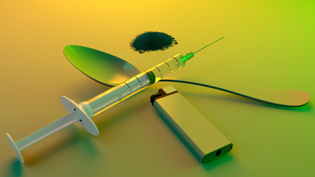Heroin, cocaine, tools to get a dose of drugs. Syringe, lighter and spoon. Addiction and dependence. Overdose. Methamphetamine. 3d renderの写真素材