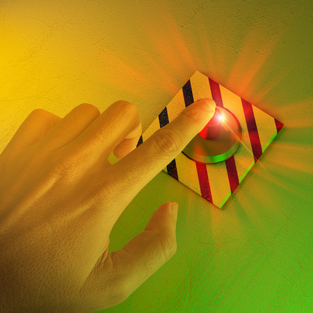 Finger pressing a button, general alarm, evacuation. Process interruption. Nuclear, atomic alarm. 3D...