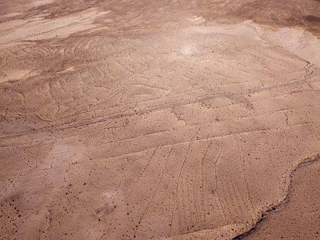 Aerial view of a desert landscape on the island of Lanzarote, Canary Islands, Spain. Desert...
