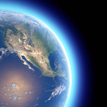 Physical map of the world, satellite view of North and central America. Globe. Hemisphere. Reliefs and oceans. 3d render. Elements of this image are furnished by NASAの写真素材