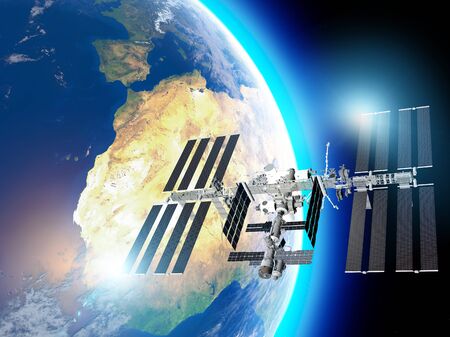 The International Space Station (ISS) is a space station, or a habitable artificial satellite, in low Earth orbit. Satellite view of the earth and ISS. Element of this images are furnished by Nasa. 3d renderの写真素材