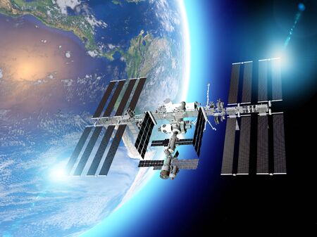The International Space Station (ISS) is a space station, or a habitable artificial satellite, in low Earth orbit. Satellite view of the earth and ISS. Element of this images are furnished by Nasa. 3d renderの写真素材