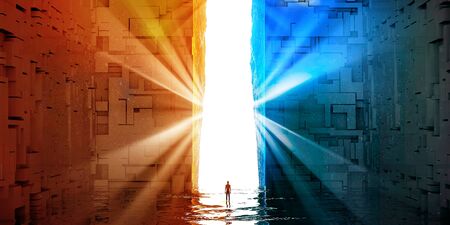 Fantasy landscape, fissure, darkness, light, sun, man in front of a large portal in science fiction landscape, big bright portal. 3d renderの写真素材