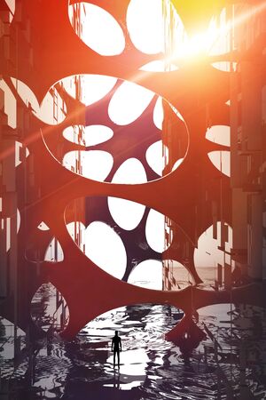 Fantasy landscape, fissure, darkness, light, sun, man in front of a large portal in science fiction landscape, big bright portal. 3d renderの写真素材