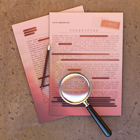 Top secret document, declassified, confidential information, secret text. Non-public information. Sheet of paper with classified information. Magnifying glass and pencil, 3d renderingの写真素材