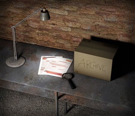 Basement table with box and top secret file. Table lamp, magnifying glass and pencil placed on the table. Important sheets and documents. Abandoned and forgotten documents. 3d renderの写真素材