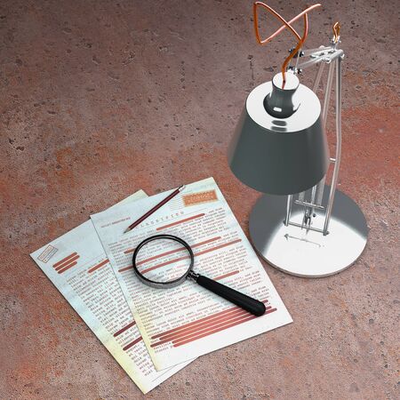 Top secret document, declassified, confidential information, secret text. Non-public information. Sheet of paper with classified information. Magnifying glass, table lamp and pencilの写真素材