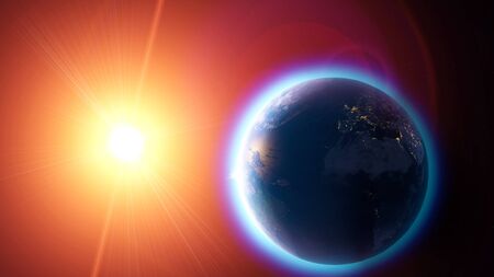 Global warming and climate change, satellite view of the earth and the sun. Space and stars...